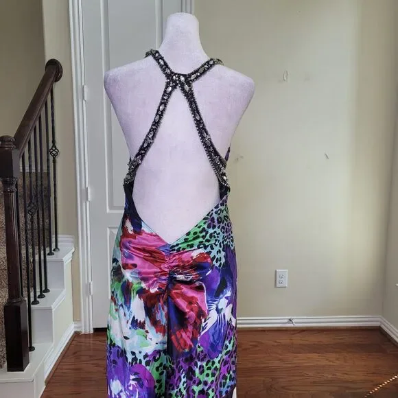 Xscape Y2K Slip Prom Gown Purple 10 Beaded Leopard Print Train Formal Open Back - Picture 16 of 17